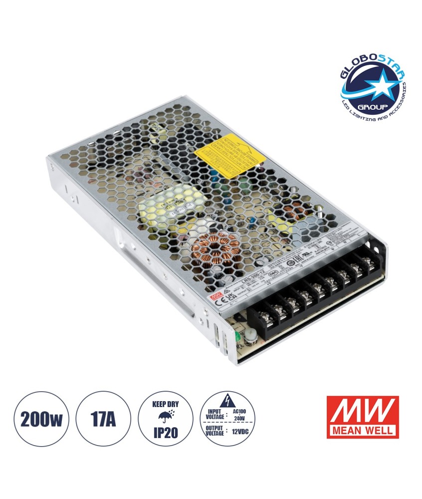 GLOBOSTAR® MEANWELL-LRS200-12 90782 Τροφοδοτικό-Μετασχηματιστής PELV 200W 17A DC 12V IP20 - AC 220-240V σε DC 12V - Ρυθμιζόμενo από DC 10.2V έως DC 13.8V - Μ21.5 x Π11.5 x Υ3cm - 3 Χρόνια Εγγύηση